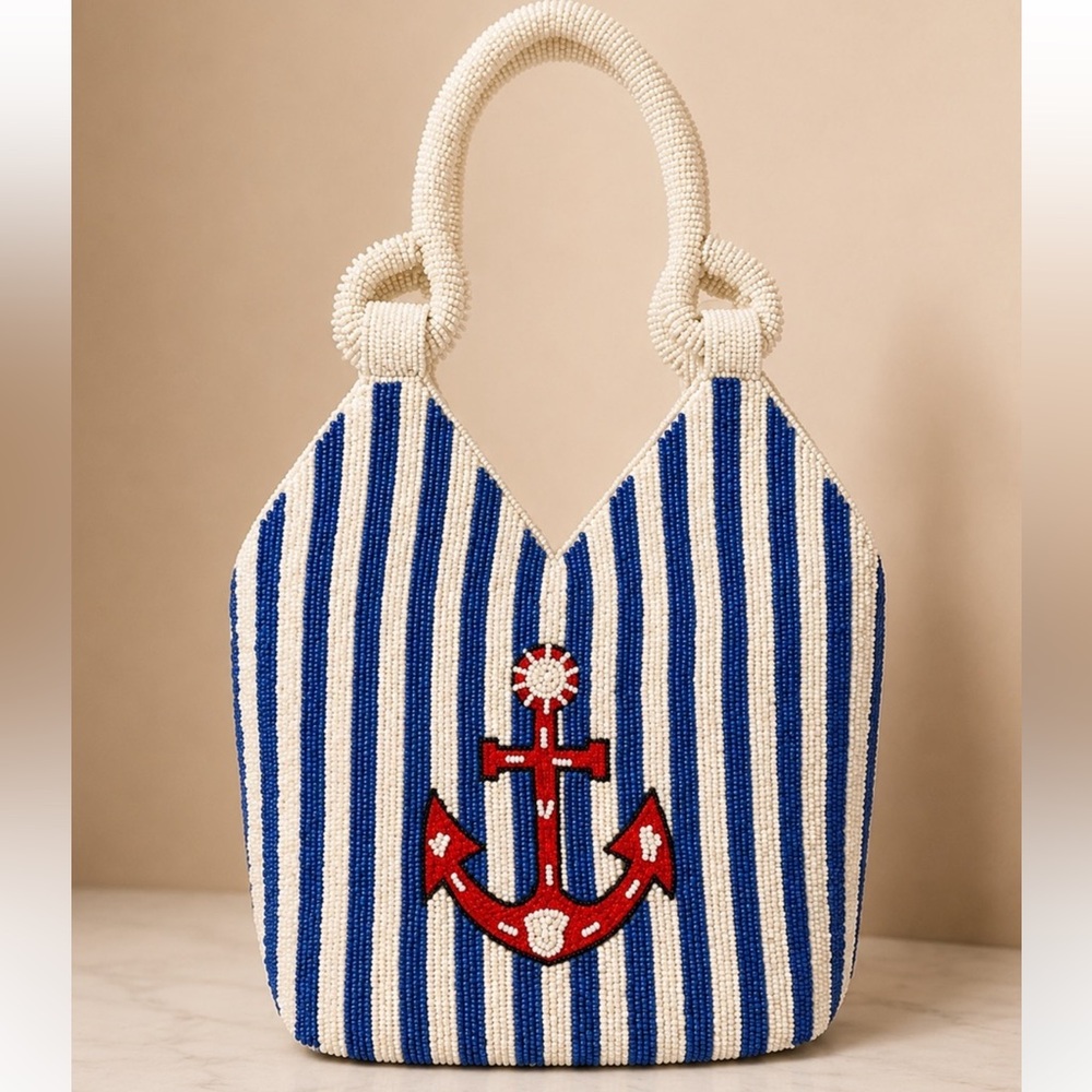 New Nautical Beaded Anchor Tote - Blue & White Coastal Purse